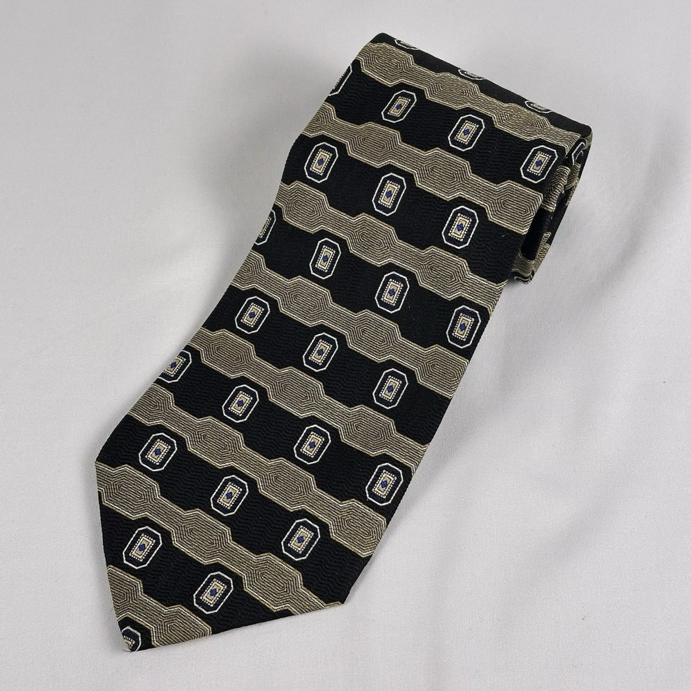 Black Tan Stripe Geometric Vintage Geoffrey Beene Silk Tie Made In USA 3.75" W